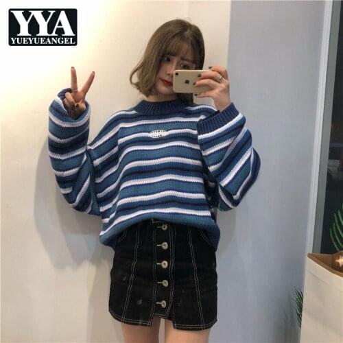 Winter New Womens Oversize Sweaters 2019 New Loose Fit Harajuku Sweaters Female Sweet Vintage Striped Knitted Pullover Sweaters