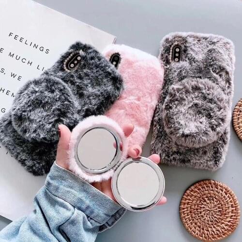 2020 New Fashion Cute Winter Fluffy Fur Mirror Phone Case For iPhone 12 11 7 8 Pro Max Girls Shockproof Bumper Kickstand Cover