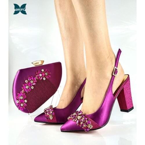 2021 African Hot Selling Special Crysral Decoration Style Italian Design Magenta Color Elegant Women Shoes and Bag Set for Party