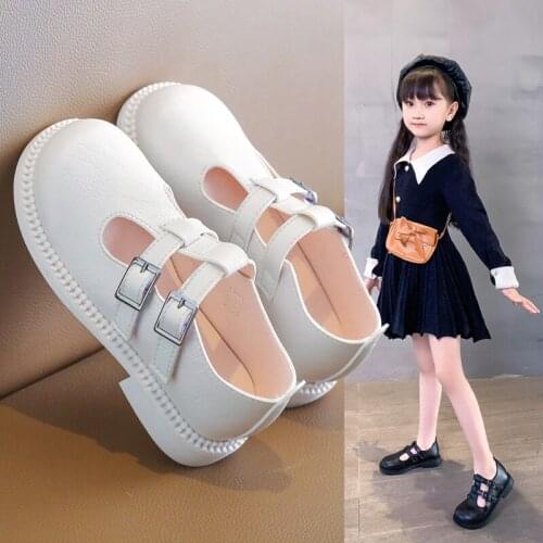 2021 Princess Kids Leather Shoes For Girl School Autumn New Children Fashion Retro Shoes Black Beige 3 5 6 7 8 9 10 11 12 Year