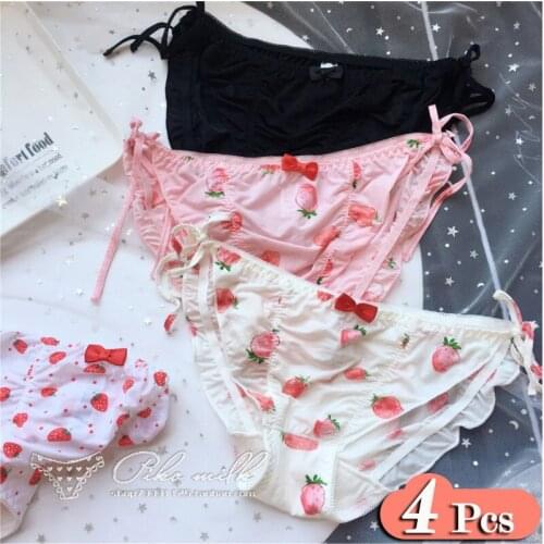 4Pcs/Lot Japanese Sweet Strawberry Print Sexy Underwear Women Lacing Up Ruffles Bow Panties Milk Silk Girl Briefs Set Female