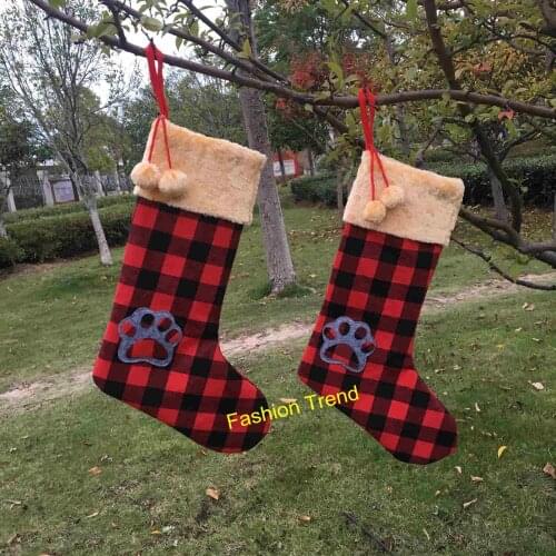 50pcs/lot Good Quality Hot Selling Xmas Stocking Hanging Decoration With Faux Fur Pompom Red And Black Plaid Color