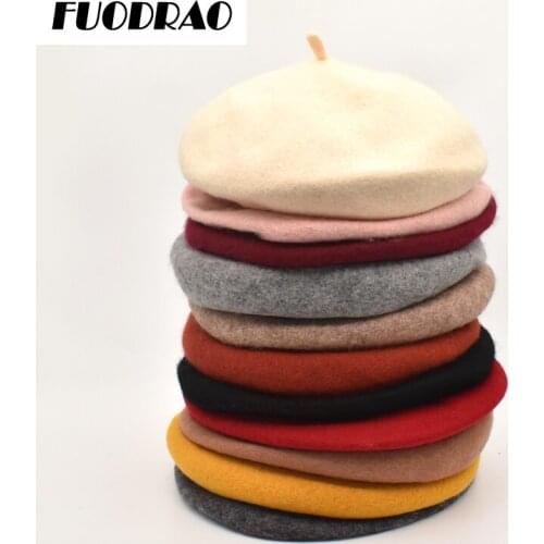 FUODRAO Women Beret Hat Autumn Winter Wool Hats Fashion Classic Solid Color Beanie Girls Berets Hat A8