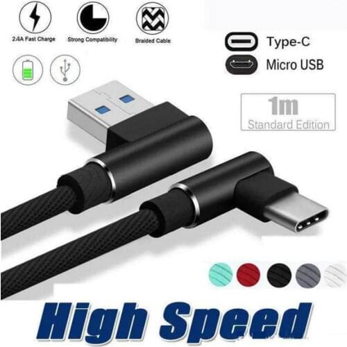 90 Degree Double Elbow Typec Micro 8 Pin USB Cable 1m 2m 2.4A Fast Charger Cords Braided Type C Data Line For Iphone Samsung