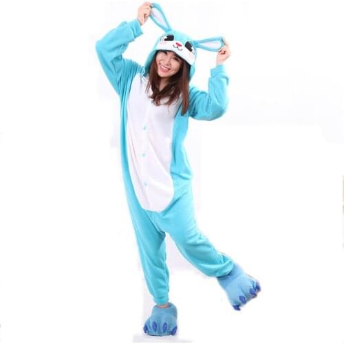 Cozy Rabbit Onesies For Adults Cartoon Pajamas Kigurumi Blue Animal Pijamas Easter Bunny One-Piece Jumpsuit Cosplay Costume