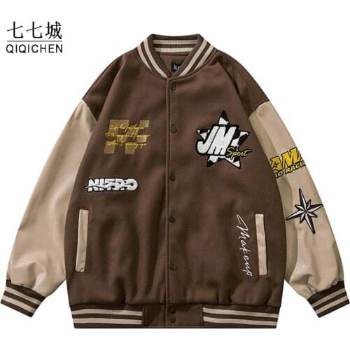 Hip Hop Varsity Jacket Men Baseball Coats Bomber Furry Smiley Patchwork Color Block Jacket Womens Harajuku Casual Streetwear Men