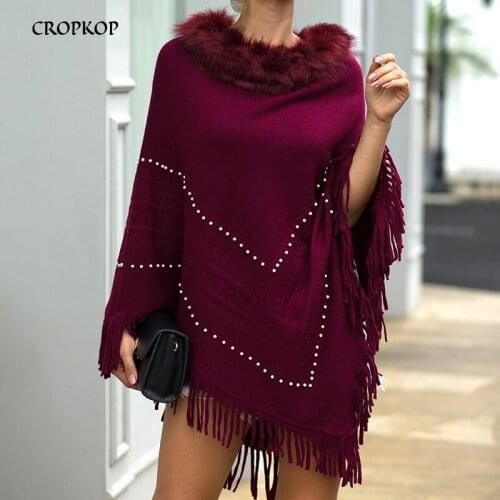 Fur Collar Winter Shawls And Wraps Fringe Oversized Womens Winter Ponchos And Capes Batwing Sleeve pullover Cloak