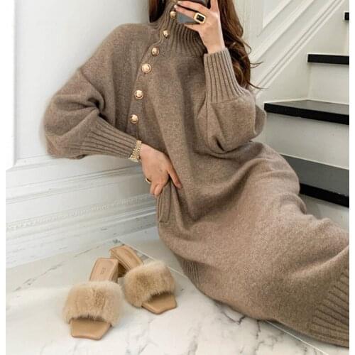 Fashion Turtleneck Chic Button Sweater Dress Women One Piece Autumn Drawstring Slim Waist Knitted Woman Winter Midi Dresses