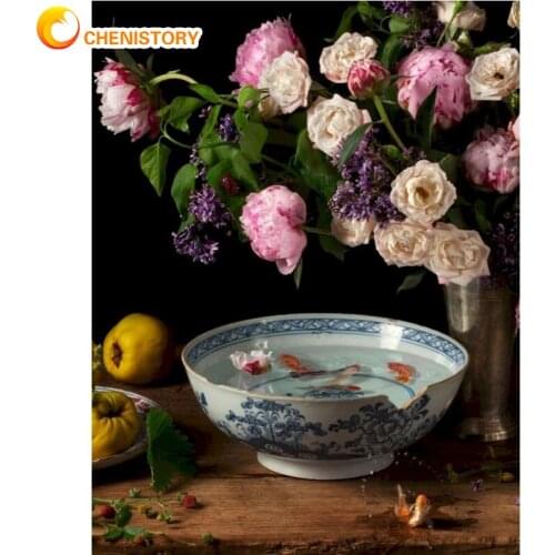 CHENISTORY DIY Pictures By Number Kits Drawing On Canvas Painting By Numbers Goldfish And Flowers HandPainted Picture Art Decor