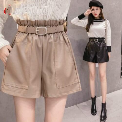 2020 NEW Spring Winter Womens Leather Shorts Women Khaki Black High Waist Shorts for Women Korean Plus Size PU Female Shorts