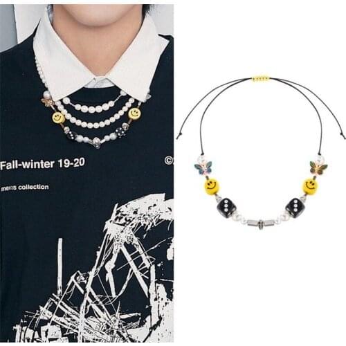 Butterfly dice pearl smiley face pendant necklace fashion hip hop necklace for women men streetwear trendy designer neck chain