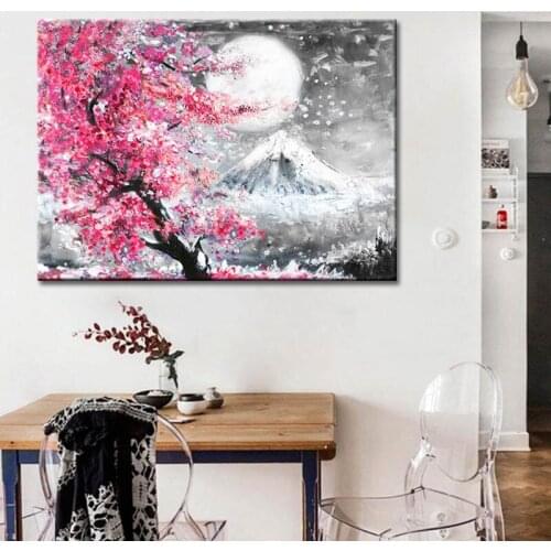 Japanese Style Cherry Blossom Fuji Mountain Landscape Watercolor Oil Painting Canvas Printing Home Painting Frame Wall Art