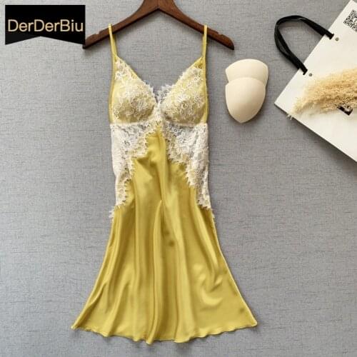 Sexy Deep V-neck Breathable Nightwear satin Sleepwear Elegant Summer Homewear Lady Satin Lace Nightdress Women Soft Nightgowns