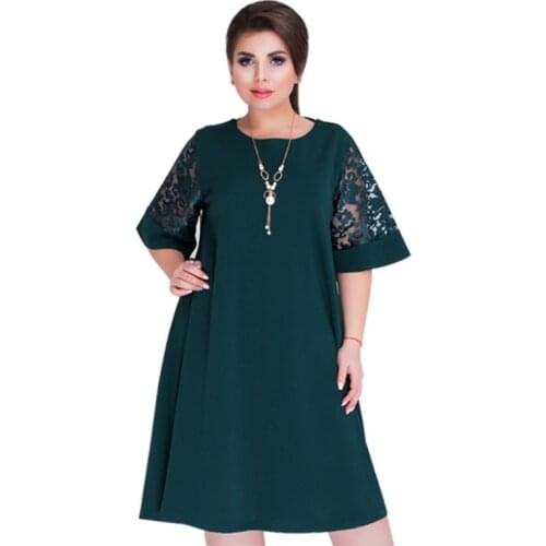 Plus Size Hot Fashion Women Sexy Crew Neck Lace Short Sleeve Summer Ladies Loose Casual Dresses Female Solid Color Dresses 6XL