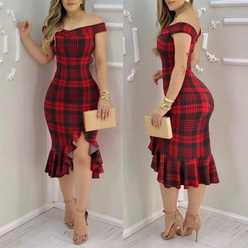 Dresses for Women 2021 Summer Plaid Off Kawaii Shoulder Ruffle Hem Slit Y2k Dress Party Sexy Dress Elegant Fashion Gothic Dress