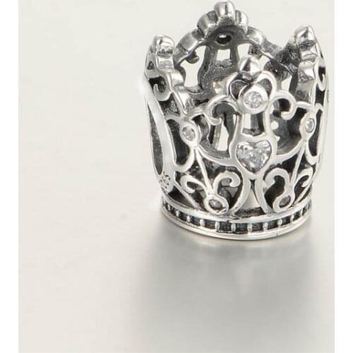 Princess Crown Openwork 925 Sterling Silver Charm Bead with Cubic Zirconia Suitable for Brand Style Charm Bracelets