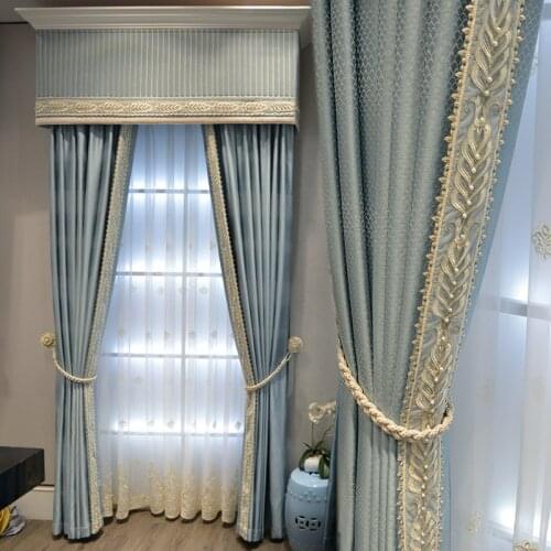 Luxury Blue Glitter Curtain for Living Room Geometric Pattern Romantic Lace Semi-Shading Jacquard Velvet Window Drapes JS319C