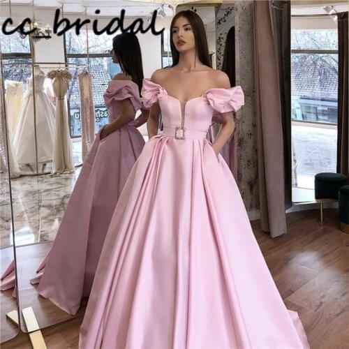 Pink Off Shoulder Prom Dresses Long 2020 Chic Satin Evening Party Gowns With Pocket African Plus Size robe de princesse femme