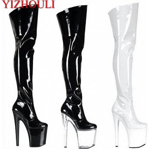 20cm Ultra High Heels Boots Barreled Platform Japanned Leather 6 Inch Performance Shoes Plus Size Thigh High Dance Shoes
