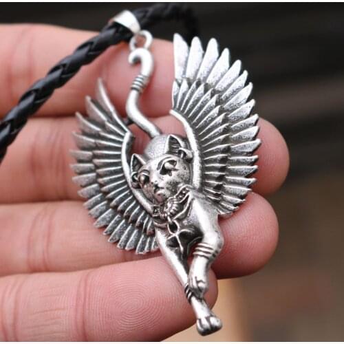 Silver Ancient Egypt Bastet Statue Cat Pendant Necklace Sphinx Amulet Jewelry F3MD