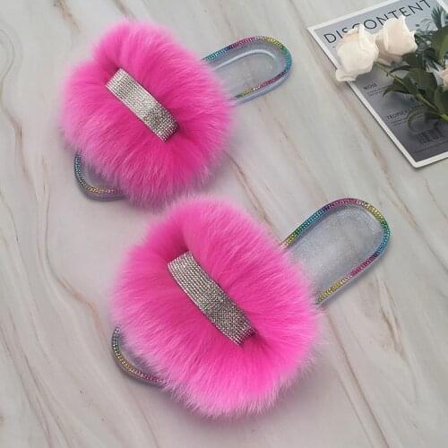 Summer Sandals Women Fox Fur Slippers Fluffy Soft Furry Slides Female Transparent Flip Flops Bling Crystal Shoe Luxury Brand
