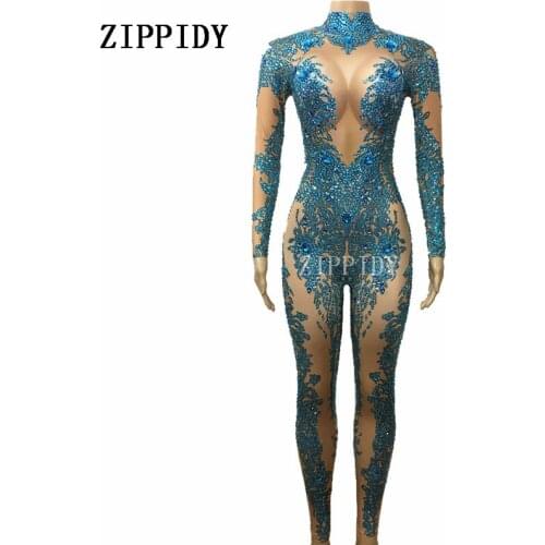 Blue Stones Sparkly Jumpsuit Fashion Sexy Nude Stretch Dance Costume One-piece Bodysuit Nightclub Oufit Party Leggings