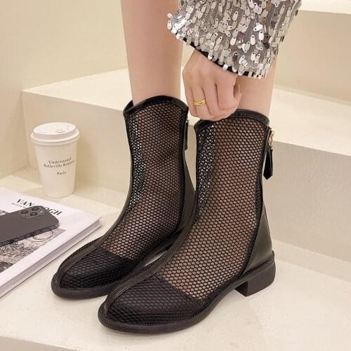 Rimocy Sexy Black Mesh Hollow Out Cool Boots Women PU Leather Zipper Summer Shoes Woman Round Toe Square Heels Ladies Shoes 2021