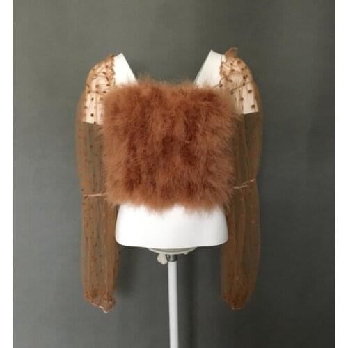 Real ostrich turky fur crop top furry with long lace sleeve 2021 feather summer fluffy short mesh Stretchable Japan Korea