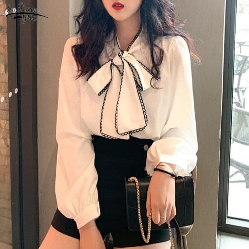 Vintage Korean Sweet Bow Loose Ladies Blouse Women Long Sleeve Shirt White Blouses Elegant Office Lady Sweet Female Blusas 12983