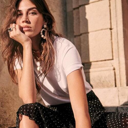 Ruelen Casual Solid Women T-shirt Short Sleeved Round Neck Female Tops Niche Retro Cotton 2021 Summer Tees