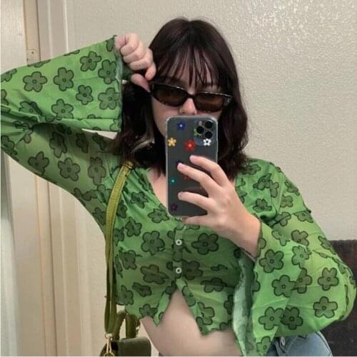 2021 Harajuku Floral Print Green T-Shirt Y2K U-Neck Casual Mesh Button Top 90S Ladies Retro Clothes Summer Short T-Shirt