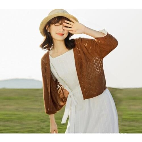 Women Blouses White Cropped Knit Plus Size Cardigan Sweater CropTop Autumn Thin Korean Harajuku Vintage Half-Sleeved Sweater