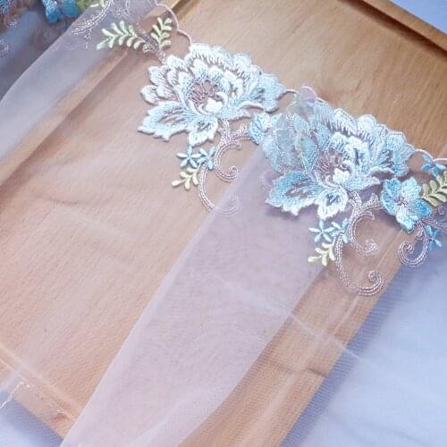 1Meter 24CM Width Peony Flowers Embroidery Lace Trim Dress Sewing Pink Mesh Lace Fabric Tulle Handmade Clothes Skirt Accessories