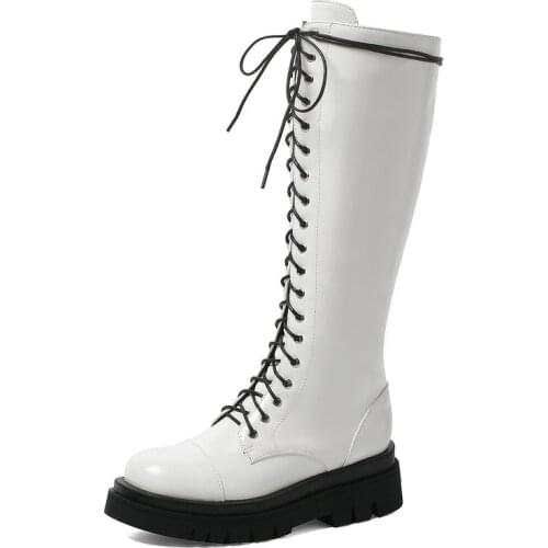 2020 Fashion Knee High Boots Pu Leather Winter Women Boots Platform Sqaure Heel Motorcycle Boots Zipper Ladies Shoes