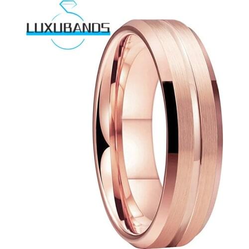 6MM Tungsten Wedding Bands Rose Gold For Men Wemens Pipe Cut Center Grooved Beveled Edges Brushed Finished Comfort Fit