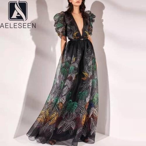 AELESEEN Runway Fashion Summer Dress Women Short Sleeve V-Neck Flower Print Sashes Long Elegant Party Holiday Plus Size Dress