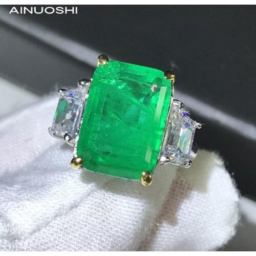 AINUOSHI 925 Sterling Silver 14.7x10.8mm Emerald Cut Lad Created Emerald 3-stone Engagement Rings Gift For Women Rings Jewelry