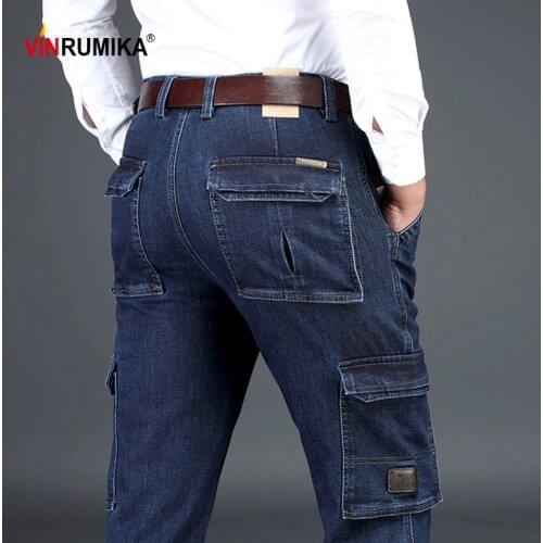 2021 Mens Spring Autumn High Quality Thicken Overalls Jeans Man Multi-pocket Cargo Cowboy Long Pants Denim Dark Blue Trousers