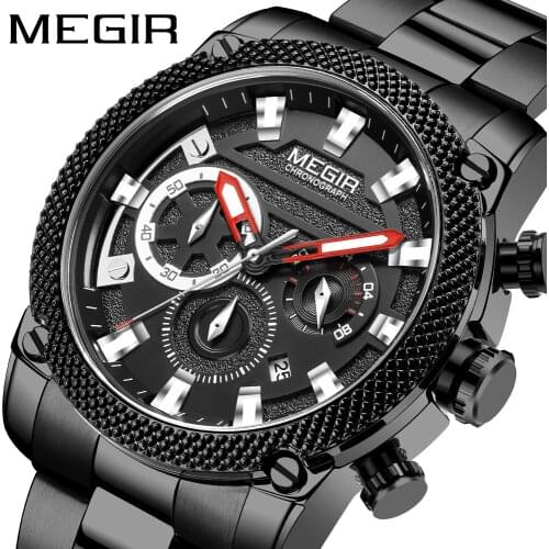 MEGIR Mens Watches Top Brand Luxury Stainless Steel Black Waterproof Chronograph Military Wrist Watch Man Clock Reloj Hombre