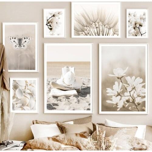 Beach Read Girl Magnolia Flower Dandelion Shell Wall Art Print Canvas Painting Line Nordic Poster Decor Pictures For Living Room