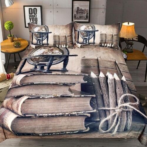 Old Books Printed Bedding Set Bark Gray Duvet Cover with Pillow Cases 3-Piece Microfiber Comforter Cover for Kids Boys Teens