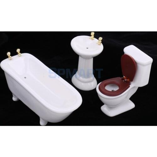 3Pcs 1/12 Scale Dollhouse Miniature White Ceramic Bathroom Bathtub Set Furniture Decoration Dolls Accessory Pretend Play Toys
