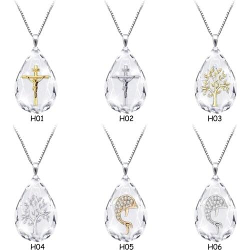 Fashion Transparent Crystal Jesus Cross Necklace Dolphin Tree Drop Rhinestone Pendant Chain Necklace Chic Banquet Gift