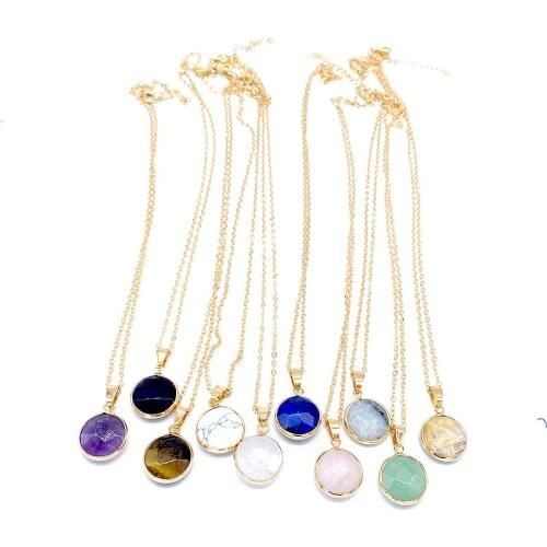 Faceted Pink Opal Tiger Eye Blue Synthetic Stone & Crystal Glass Pendant Necklaces Gold Geometric Accessories Jewelry for Women