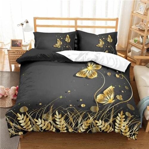 Luxury 3D Golden Butterfly Flower Printed 2/3Pcs Bedding Set Comfortable Duvet Cover Pillowcase Home Textile Queen and King Size
