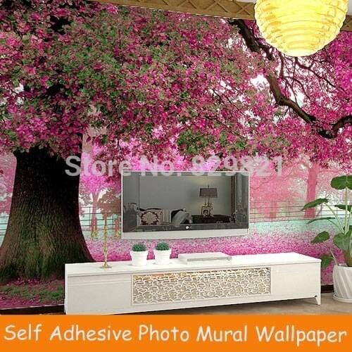 Self Adhesive Photo Murals Wallpaper 3D Living Room PVC Wall Papers Cherry Flower Wall Mural papel de parede Purple