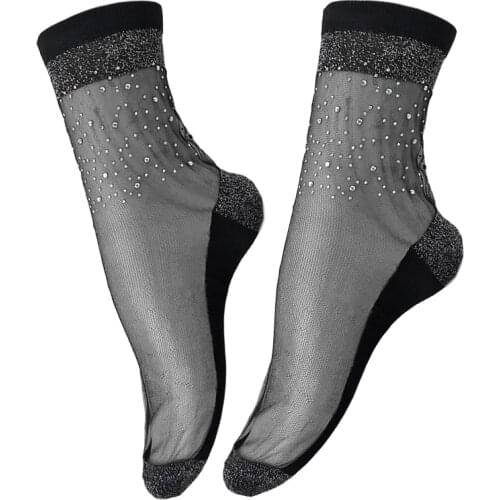 Rhinestone Women Socks Elasticity Fishnet Carnival Sock Black Party Club Wear Glitter Summer Thin Diamond Sock Female
