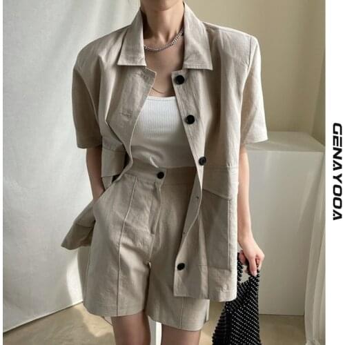 Genayooa Minimalist Top And Short Set For Women Summer Solid Two Piece Outfits For Women Suit Loose Short Sleeve Blazer Femme
