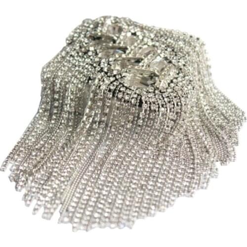 Unisex Punk Fringe Shoulder Board Badge Glitter Rhinestone Tassels Chain Epaulet