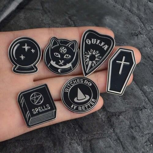 Unisex Punk Witch Coffin Cat Book Enamel Brooch Pin Halloween Pagan Jewelry new